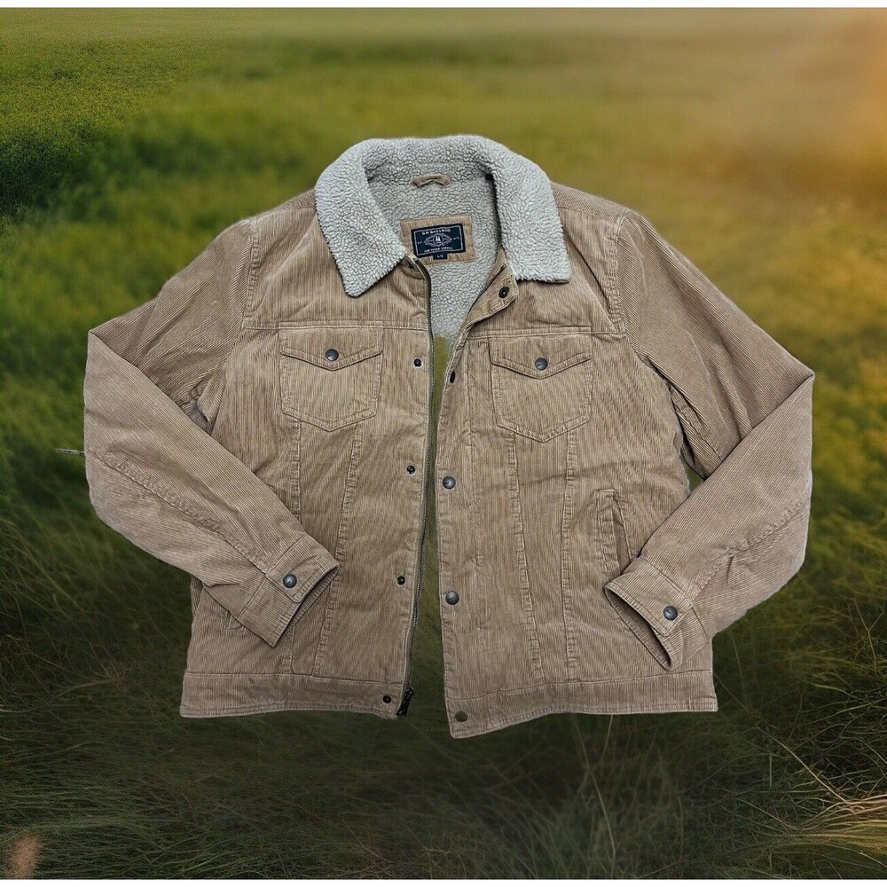 Bass & Co Faux Shearling Lined Corduroy Tan Collared Chore Coat Jacket Size L